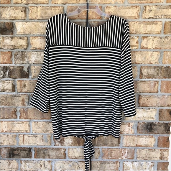 Chico’s Travelers Made in Usa Black & White Stripe Tie-Front 3/4 Sleeve Top 3 L - Picture 8 of 15